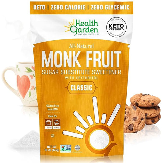 Health Garden Monk Fruit Sweetener, Classic Sugar Substitute - 15oz Bag – 1:1 Monk Fruit Sugar Substitute with Erythritol, Zero Calorie Monkfruit Sweetener for Baking and Coffee, Keto Friendly, Non-GMO