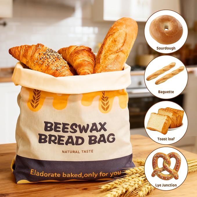 UWILLION Beeswax Bread Bags 2 Pack for Sourdough Loaves, Extra Large Reusable Linen Bread Storage Bag with Buckle Closure, Plastic-Free Food-Safe Bread Keeper for Homemade Artisan Bread