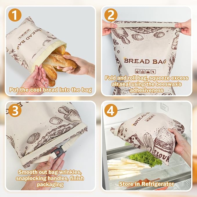 Reusable Beeswax Bread Bags, 2 Pack 13x17 Inch Sourdough Bread Storage Bags for Homemade Bread, Eco-Friendly Beeswax Food Storage Bags, Linen Bread Bag Alternative for Freshness Preservation