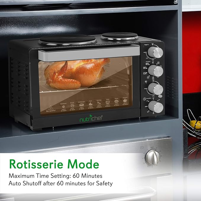NutriChefKitchen 30 Quarts Kitchen Convection Oven - 1400 Watt Countertop, Rotisserie Roaster Grill, Top Rack, Dual Hot Plates, Toaster, Baking Tray, PKRTO29