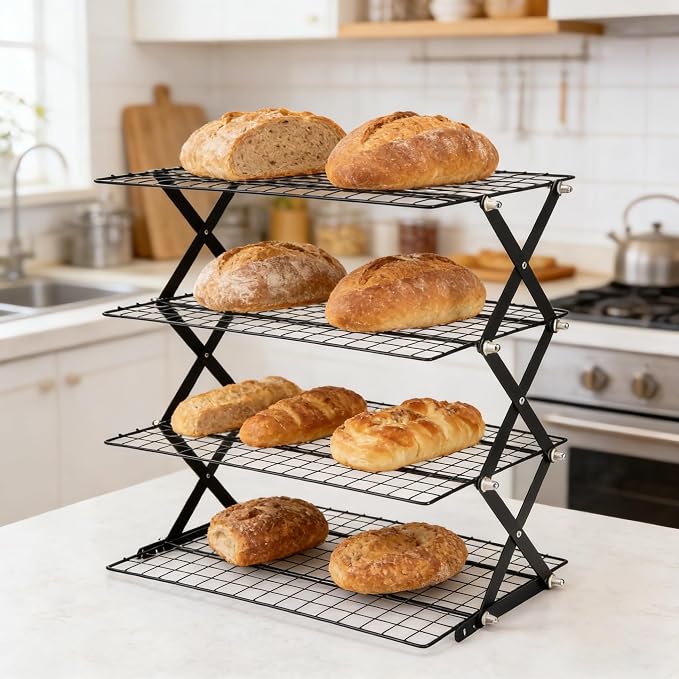 4-Tier Cooling Rack, Foldable Stackable Baking Rack | Collapsible wire rack with 4 tiers for cooling cookies, cakes, bread and pastries. Folds flat for easy storage