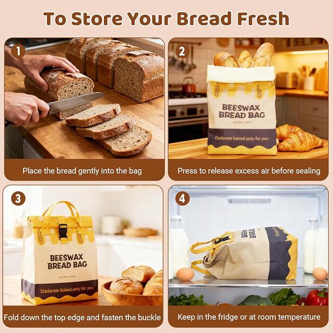 UWILLION Beeswax Bread Bags 2 Pack for Sourdough Loaves, Extra Large Reusable Linen Bread Storage Bag with Buckle Closure, Plastic-Free Food-Safe Bread Keeper for Homemade Artisan Bread
