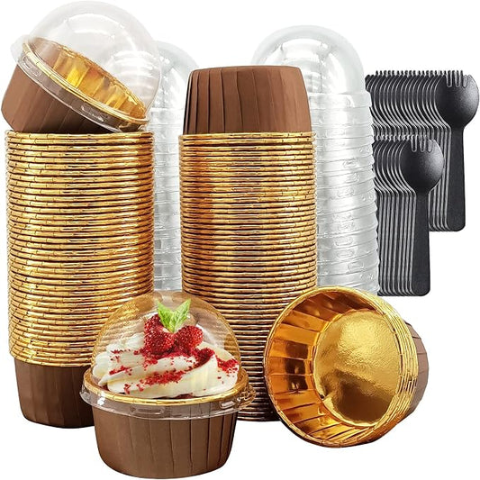 Foil Cupcake Liners With Dome Lids 100 Pack,LNYZQUS 5.5 Oz Muffin Cups Muffin Tins,Disposable Ramekins Cupcake Cups Wrappers Holders,Large Muffin Liners Baking Cups,with Spoons-Brown in Gold
