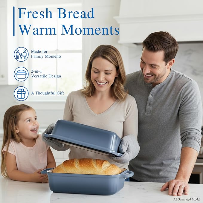 11x5 Inch Cast Iron Loaf Pan with Lid, Large Loaf Pans for Sourdough Bread Baking, Even Heat Distribution Dutch Oven Bread Pan for Homemade Bread, Meatloaf (5.8Qt, Seasalt)
