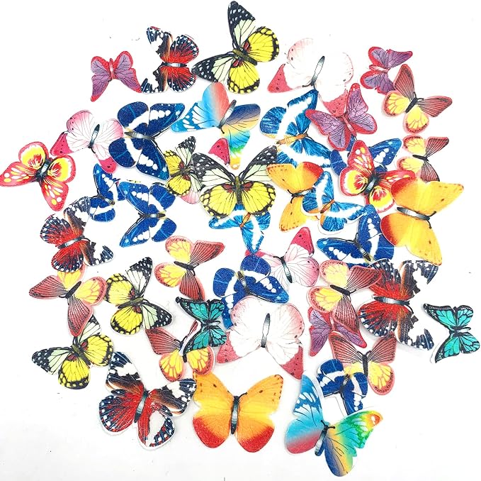 Weraru 48Pcs Edible Cake Butterfly Decoration Cake Toppers Birthday Party Cupcake Toppers Mixed Size & Colour
