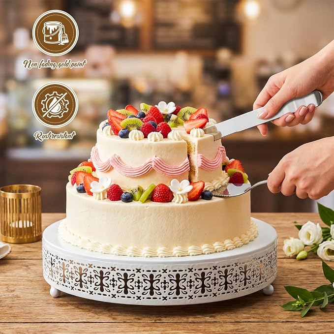 Wenqik White Cake Stand 12 Inch Metal Round Wedding Cake Stand with Cutting & Spatula Cupcake Dessert Cookies Display Holder Fruit Serving Tray for Wedding Birthday Anniversary Party