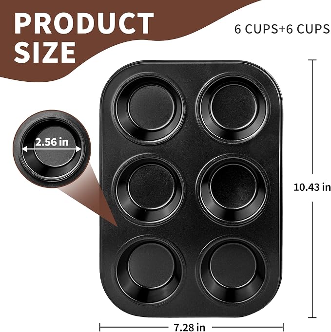 2 Pack 6-Cup Muffin Pan, Heavy-Duty Carbon Steel Nonstick Cupcake Baking Pan, 2.56” Standard Size Cups, Compact 10.43” x 7.28” Design, Oven & Dishwasher Safe (Black)