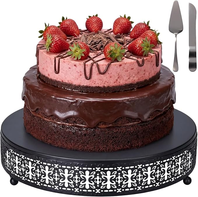 Wenqik Black Cake Stand 12 Inch Metal Round Wedding Cake Stand with Cutting & Spatula Cupcake Dessert Cookies Display Holder Fruit Serving Tray for Wedding Birthday Anniversary Party