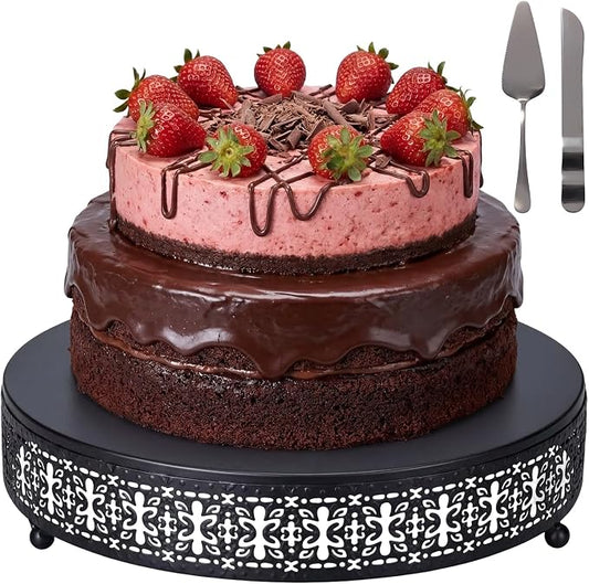 Wenqik Black Cake Stand 12 Inch Metal Round Wedding Cake Stand with Cutting & Spatula Cupcake Dessert Cookies Display Holder Fruit Serving Tray for Wedding Birthday Anniversary Party