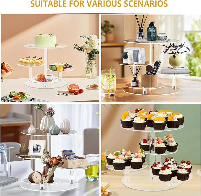 Cupcake Stand, 4 Tier Clear Round Cake and Cupcake Stand Combo for 8-12 Inch Cakes, Tiered Cupcake Tree Tower,Dessert Display Stand for Wedding Birthday Party