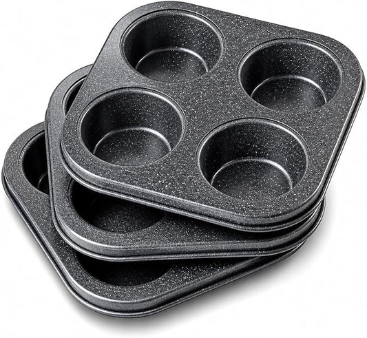 3-Pack 4-Cup Muffin Pan, Nonstick Granite Coating Carbon Steel Cupcake Pan Set, Standard Muffin Tin for Air Fryer Small Oven Baking, Easy Release, Nests Flat for Storage