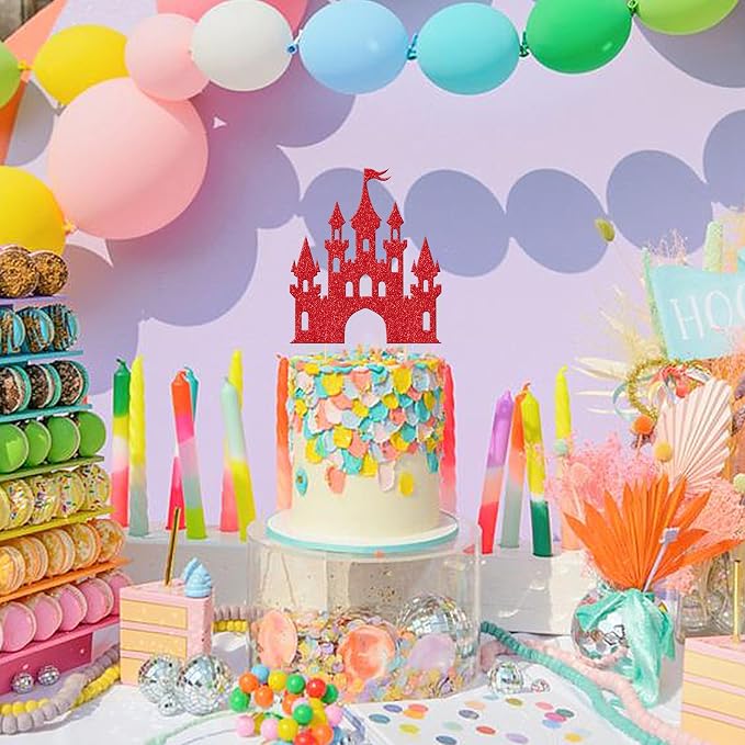 1 PCS Princess Castle Cake Topper Glitter Princess Cake Topper Queen Castle Theme Birthday Party Cake Decoration for Girls Princess Baby Shower Happy Birthday Party Decorations Supplies Red