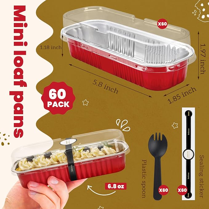 NPLUX Mini Loaf Pans with Lids and Spoons Rectangular Aluminum Foil Baking Pans Mini Cheesecake Containers 6.8oz(60 Pack, Red)