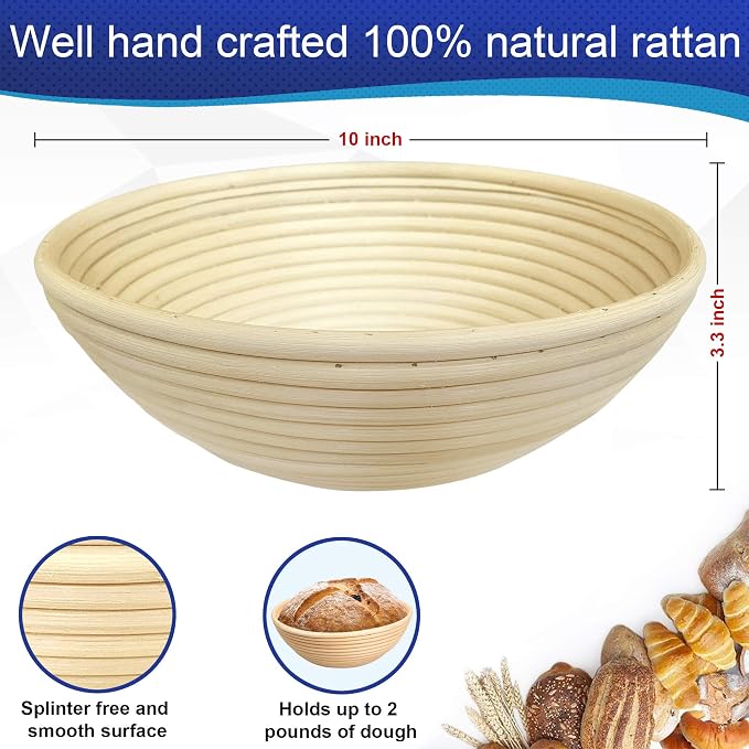 10inch Round Banneton Proofing Basket Set Bread Baking Kit, Dough Scraper, Bread Lame, Danish Dough Whisk Sourdough Proofing Basket Artisanal Bread Making Tools and Supplies Set (10inch round)