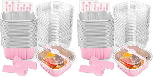 NPLUX 50 Pcs Mini Square Baking Cups with Lids and Spoons Aluminum Foil Mini Cake Pans with Lids Disposable Ramekins Cake Pans Dessert Cups for Wedding Birthday Party(Pink,10oz) (Pack of 2)