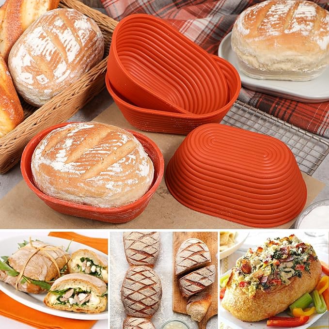Webake 6 Inch Silicone Oval Small Banneton Basket, Mini Banneton Bread Proofing Basket for Sourdough Bread Soup Bowls, 4Pcs