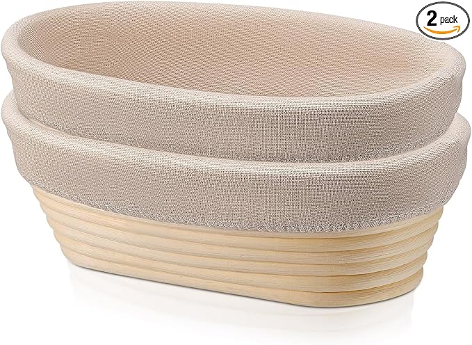 Bread Proofing Basket Set of 2, 10 inch Oval Sourdough Proofing Bowls with Liners, Handmade Rattan Baskets for Bread Making Baking Fermentation