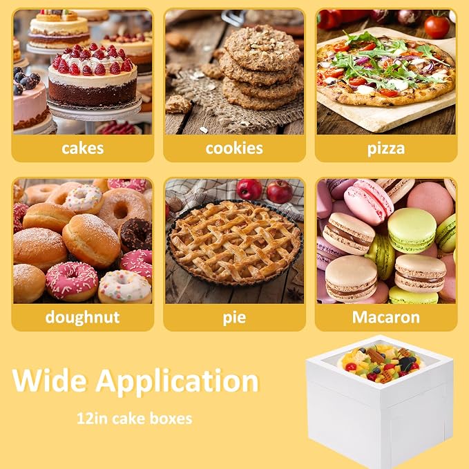 Moretoes 3 Pack Cake Boxes 12x12x8 Inch, Bakery Containers with Large Window, 12 Inch White Cake Carrier, Disposable Boxes for Birthday, Party, Cupcake Cookie Pie Pastry.