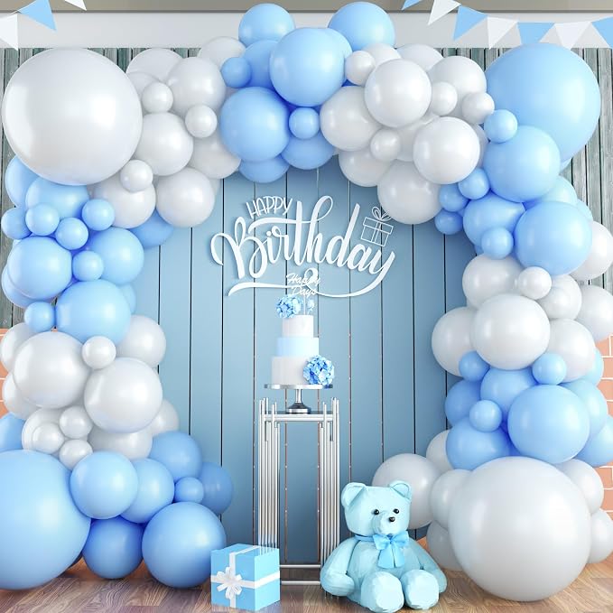 Blue and White Balloon Arch Kit, 100pcs Light Blue White Balloon Garland Kit with Different Sizes Balloons, Baby Blue Pastel Blue White Balloons for Baby Shower Wedding Birthday Party Decorations