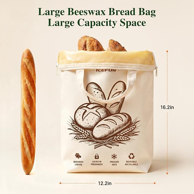 ICEFUN Wide-Opening U-Zipper Beeswax Bread Bag 2 Pack, Beeswax Bread Bags for Sourdough, Easy to Clean Reusable Bread Bag with Dual Zipper Seal and Handles