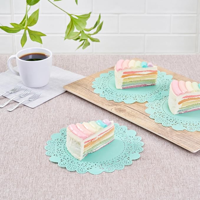 Pastry Tek 8 x 8 Inch Paper Lace Doilies, 100 Disposable Table Doilies - Elegant Lace Finish, Long Lasting, Teal Paper Doily, for Pastries, Cupcakes, Desserts - Restaurantware