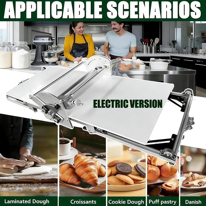 Commercial and Home Electric Dough Sheeter,40x17.7in Stainless Steel Foldable Pastry Roller with Auto Forward/Reverse,2-30mm Adjustable Thickness,for Bakery,Croissant,Puff Pastry,Pizza and Pie Crust