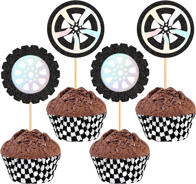 Ercadio 24Pcs Race Car's Wheels Cupcake Toppers Black Silver Wheels Car Tires Cupcake Picks for Racing Car Party Cake Decorations Baby Shower Kids Birthday Party Decoration Supplies