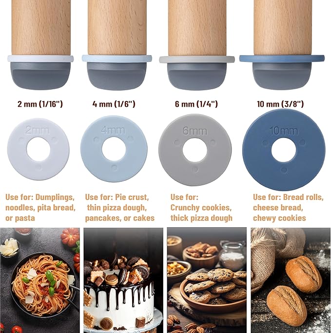 BAMBOO LAND- Adjustable Rolling Pin with Thickness Rings, 13.8", 4 Rings | 2-10 mm / 1/16"-3/8", Wood Rolling Pins for Baking Bread, Pizza, Doughs