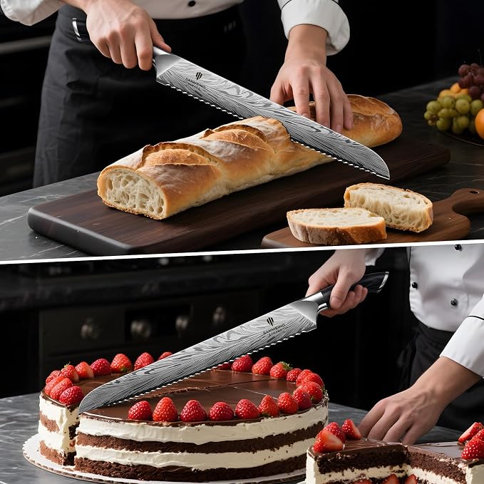 10 inch Bread Knife in Powder Steel, Serrated Bread Knife for Homemade Bread Sourdough Ultra Sharp Bread Slicer Knives with Ergonomic Pakkawood Handle for Sourdough, Turkey and Fruit