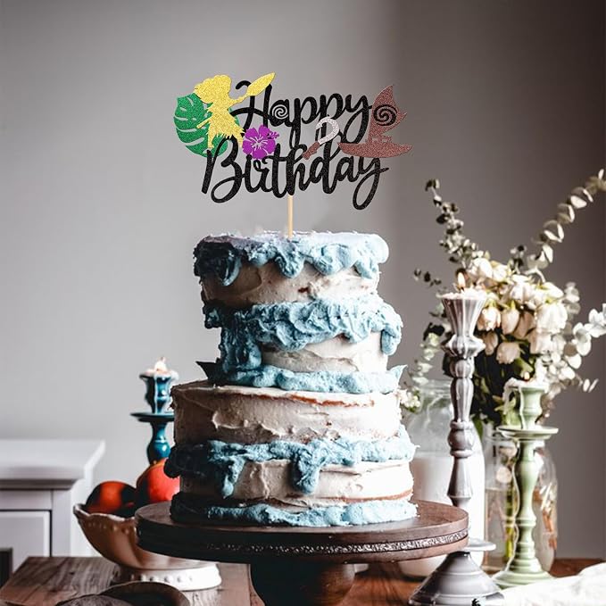 1 PCS Moana Inspired Cake Topper Black Glitter Palm Leaf Flower Happy Birthday Cake Pick Decoration for Tropical Hawaiian Luau Theme Baby Shower Kids Birthday Party Cake Decorations Supplies