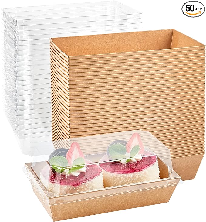 Ocmoiy Small Charcuterie Boxes with Clear Lids, 6x3 Inches, 50 Pack, Brown | To Go Paper Sandwich Containers, Disposable Bakery Treat Boxes, For 2 Cupcakes, Dessert, Muffin, Hot Cocoa Bomb, Strawberries