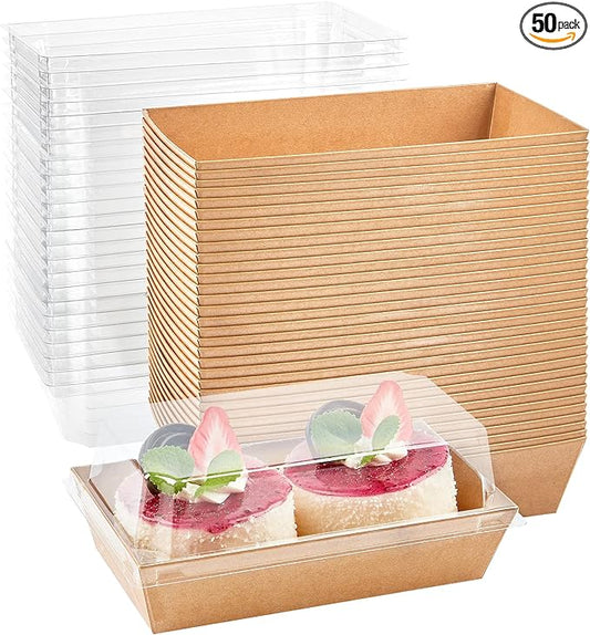 Ocmoiy Small Charcuterie Boxes with Clear Lids, 6x3 Inches, 50 Pack, Brown | To Go Paper Sandwich Containers, Disposable Bakery Treat Boxes, For 2 Cupcakes, Dessert, Muffin, Hot Cocoa Bomb, Strawberries