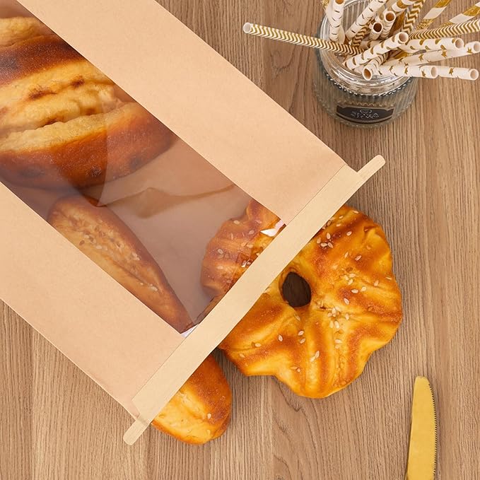 Moretoes 20 Pack Paper Bread Bags for Homemade Bread, 13.7x8.3x3.5 Inches, Sourdough Bread Bags with Tin Tie Tab and Clear Front Window, Includes 36 Label Seal Stickers