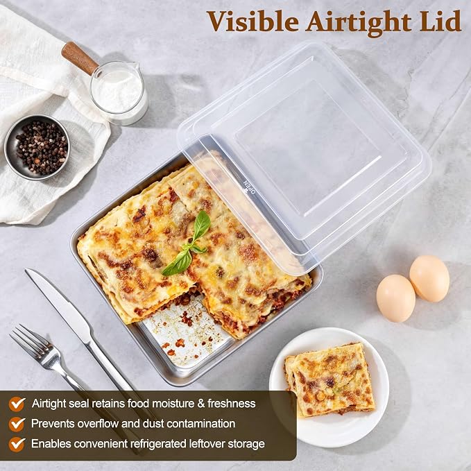 LIANYU 8 Inch Square Cake Pan with Lid, 8 x 8 Stainless Steel Lasagna Brownie Baking Pan, Non-Toxic Baking Dish for Oven Cooking Roasting, Even Heating & Dishwasher Safe (1 Pan +1 Lid)