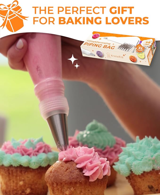 KneadEat 53PC Piping Icing Tips set - 48 SS Tips, 5.5" Injector for Churros and Sufganiot, Rubber Band, Coupler, Cleaning Brush. Decorating Tools. Reusable Icing Bag for Decoration.