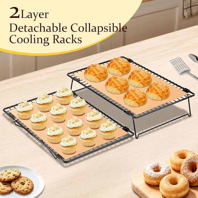 2 Tier Cookie Cooling Rack for Baking Stackable 13.4"x9.3" Wire Cooling Rack with Collapsible Legs,Tiered Cooling Rack Baking Paper 50 Pcs for Cooling Cookie,Cake,Pizza,Grilling, Drying