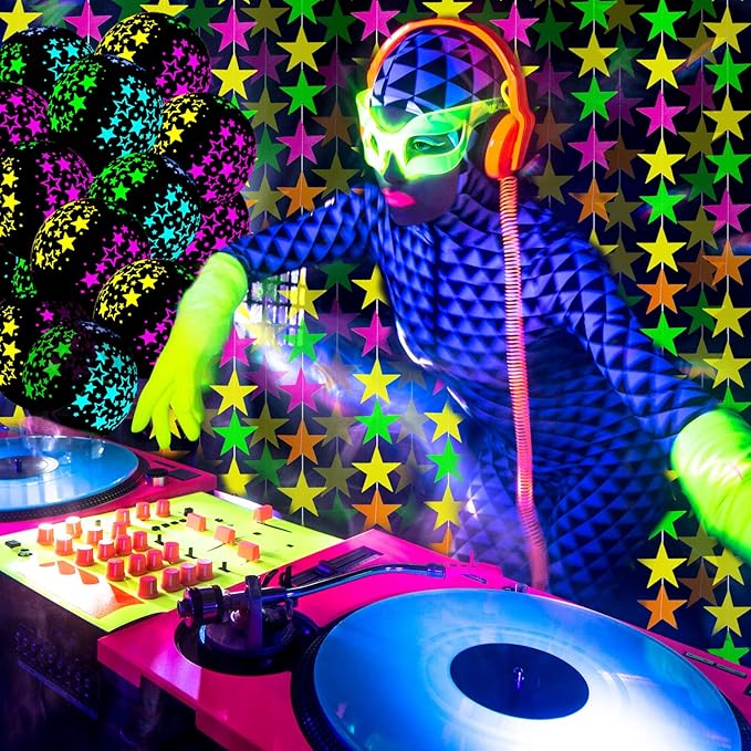 Skylety 32 Pcs Glow in The Dark Party Supplies Neon Party Favors with 25 Fluorescent Balloon 6 Rolls 98.4 ft UV Blacklight Luminous Tape 14.4 ft Neon Streamer Garland for Adults(Cute Star)