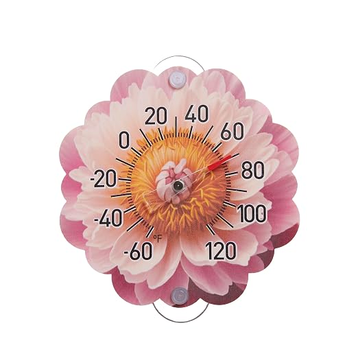Taylor Peony Dial Thermometer, 4-Inch Indoor Outdoor Silicone Suction Cup Thermometer, Weather-Resistant Temperature Gauge for Patio, Pool, Garden, or Garage, Pink