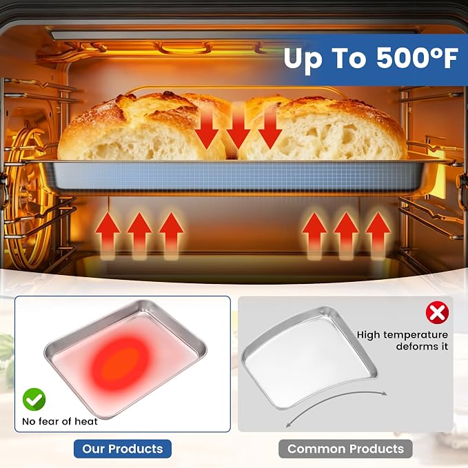 BIEAMA 12 Pack Stainless Steel Toaster Oven Baking Sheets, 10.5 x 8 in | Stainless steel pans with no chemical coating, mirror-polished finish and rolled edges; dishwasher safe, oven safe to 500°F.