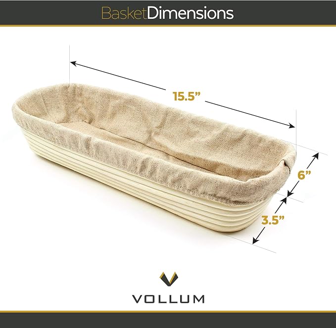 Vollum Banneton Bread Proofing Basket & Liner – Handmade Rustic Sourdough Bread Baking Supplies, Baguette Brotform, Sour Dough Tools, Gifts for Bakers - Rectangular - 15.5 x 5.5 x 3.5"H