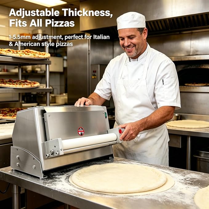 450W Electric Pizza Dough Press Machine, Commercial Dough Sheeter with Adjustable Thickness 1-5.5mm, 260 Pcs/Hour Automatic Pizza Maker with Foot Pedal, for 3-18 Inch Crust, Silver