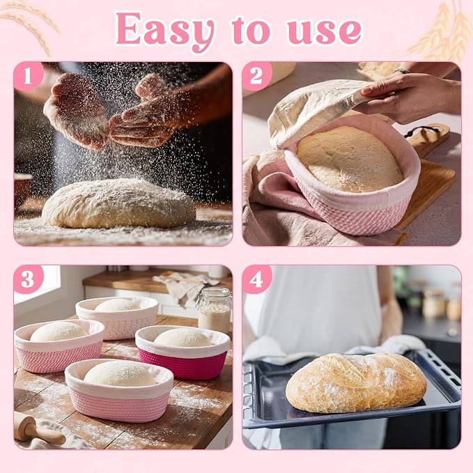 4 Pcs 10 Inch Tones Cotton Rope Banneton Bread Proofing Basket Set Oval Banneton Basket Sourdough Bread with Liners Covers for Baking Supplies (Pink)