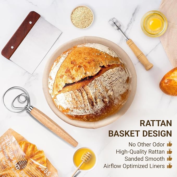 7-Piece 9 Inch Round Proofing Basket, Complete Sourdough Starter Kit with Linen Liner & Tools, Sourdough Bread Baking Supplies & Making Accessories Gift Set - Send Goods from Local Warehouse (1 Pack)