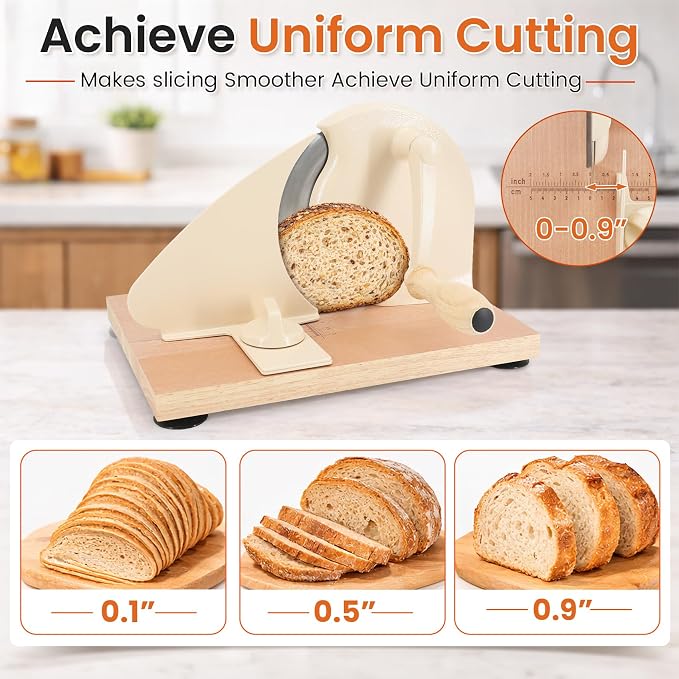Manual Bread Slicer for Homemade Sourdough Bread, Adjustable Thickness Hand Crank Bread Cutter with Scale Lines, Suction Cup Base, Metal Guide & Sharp Stainless Steel Blade (Cream)