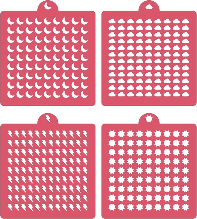 4 Pack Reusable Royal Icing Sprinkle Stencils Gem Glitter Stencils Bakery Stencil Template Set for Cookie Cake and Cupcake,Crafts DIY Tumblers Reusable Glitter & Gem Template Set (Weather)