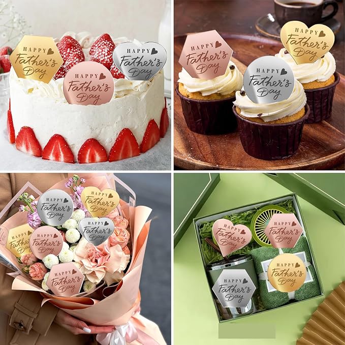 45PCS Happy Father's Day Cake Toppers, Mirror Acrylic Cupcake Toppers 3 Multi-shape & 3 Different Color Custom Cupcake Picks for Birthday Party Anniversary Pastries Decorations