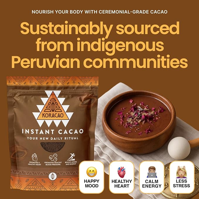 KORACAO Instant Ceremonial Cacao Powder | High-Flavanol Cacao Powder - 1000 MG Per Serving | New Daily Ritual with Harvested Powders for Mind, Body & Soul - 300g Bag (30 Servings)