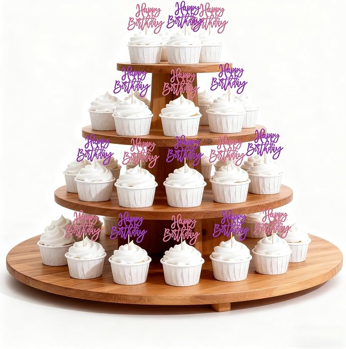 24 PCS Happy Birthday Cupcake Toppers Glitter Happy Birthday Cupcake Picks for Celebrating Anniversary Theme Party Cake Decorations Supplies Pink Purple