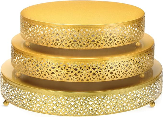 Wenqik 3 Pcs Cake Stand 16'' 14'' 12'' Round Metal Cake Stand Bases Display Holder Cookies Serving Tray Display Plate Cupcake Dessert Pastry Riser for Wedding Birthday Party(Vintage Style,Gold)