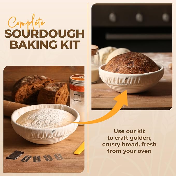 BAKERIA 9" Round Banneton Bread Proofing Basket Set with Starter Jar, Linen Liner, Bread Lame, Dough & Bench Scraper, Bread Whisk – Complete Artisan Sourdough Baking Kit
